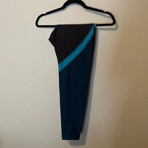 Lightly worn, blue stripe leggings work out, hiking